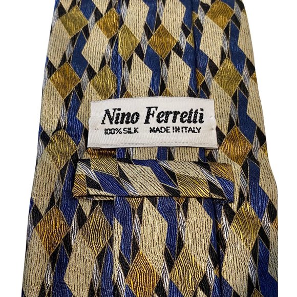 NINO FERRETI Blue & Gold Geometric & Diamond Print Vintage 100% Silk Tie | 57" - Picture 5 of 6